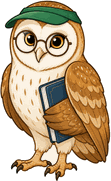 Ledger the owl, in reading glasses and a green eyeshade, holding a ledger book